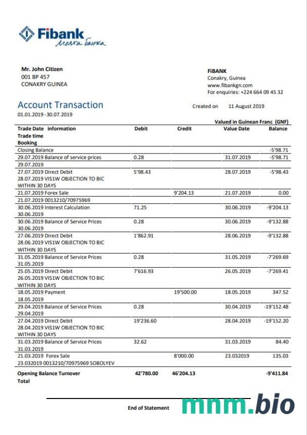 Gwinea Fibank szablon wyciągu bankowego w .xls i .format pliku pdf